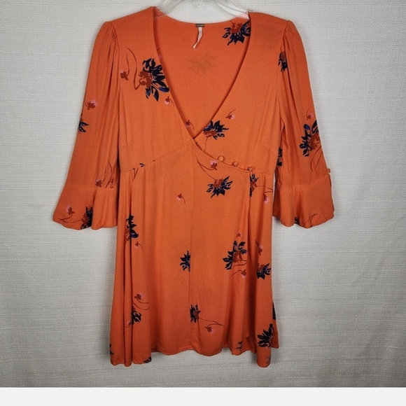 Free People Time On My Side Mini Wrap Dress Floral Orange - Picture 5 of 7